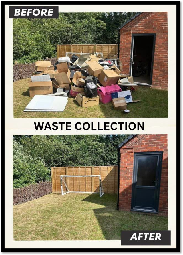Waste collection before and after: a garden full of boxes and household waste cleared to a tidy lawn