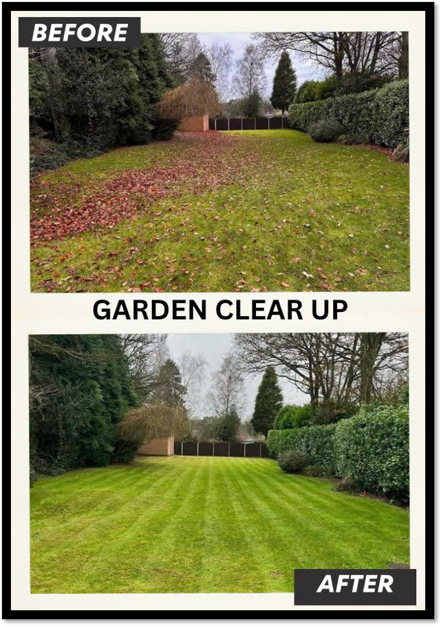 Garden clear up before and after: a leaf-covered lawn transformed into a freshly mown striped lawn